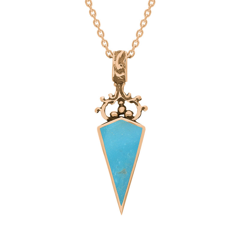 9ct Rose Gold Whitby Jet Turquoise Double Sided Scroll Dagger Fob Necklace - Rose Gold