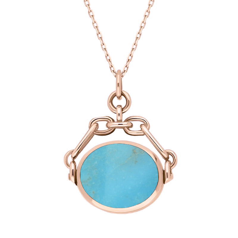 9ct Rose Gold Whitby Jet Turquoise Double Sided Swivel Fob Necklace - Rose Gold