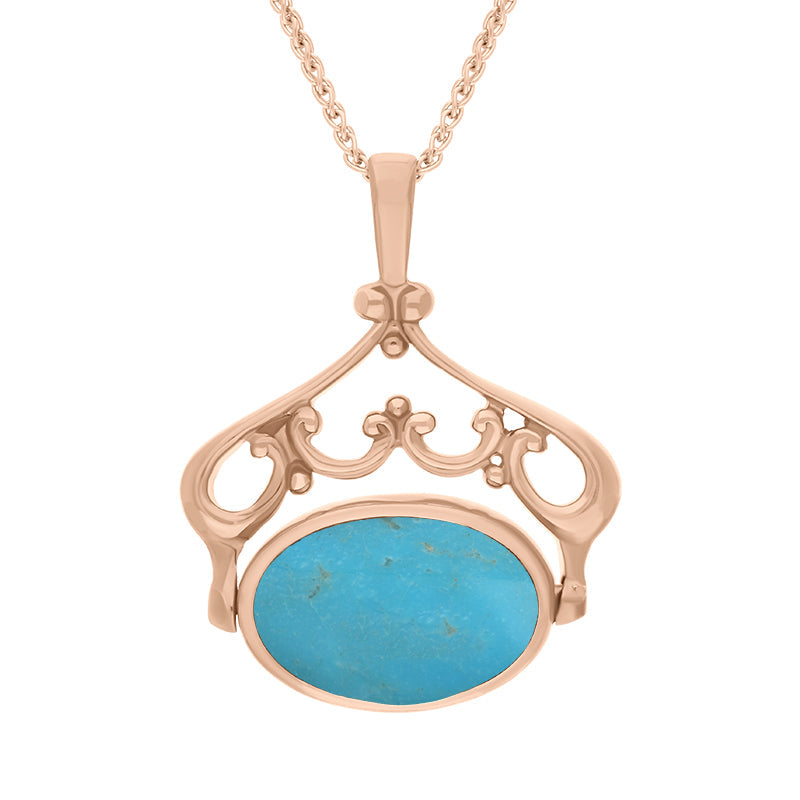 9ct Rose Gold Whitby Jet Turquoise Double Sided Oval Swivel Fob Necklace - Rose Gold