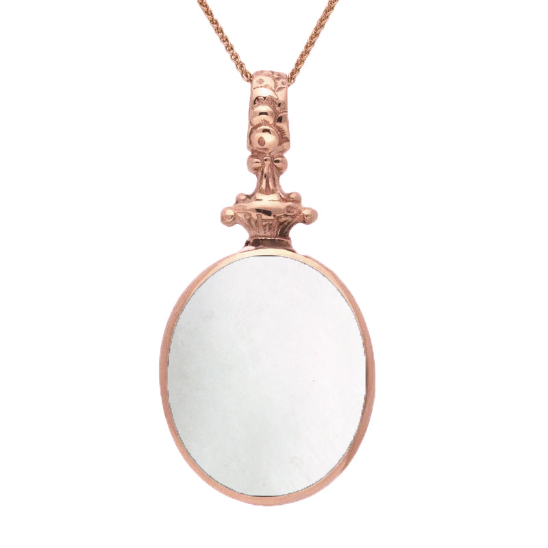 9ct Rose Gold Whitby Jet White Mother Of Pearl Double Sided Oval Fob Necklace - Rose Gold
