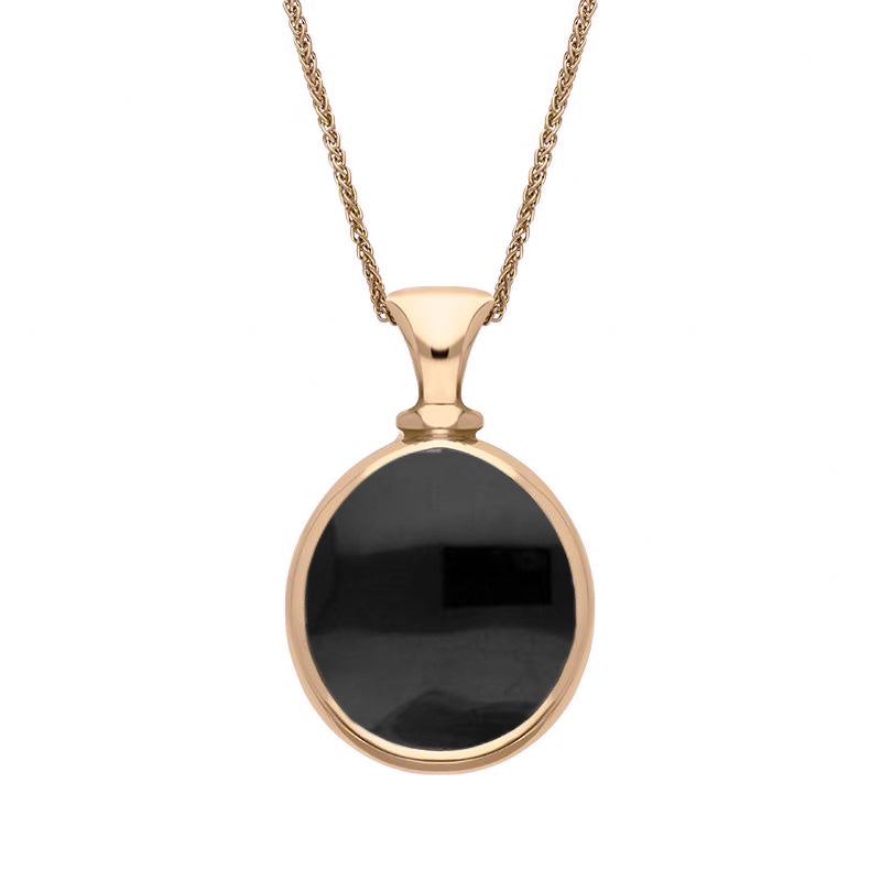 9ct Rose Gold Whitby Jet Mother Of Pearl Small Double Sided Pear Fob Necklace