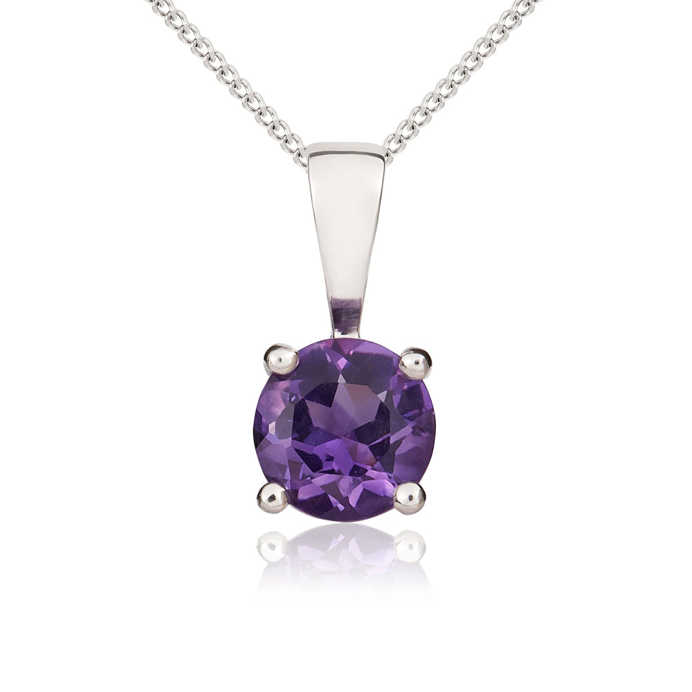 9ct White Gold Amethyst 5mm Round Claw Set Necklace - Gold