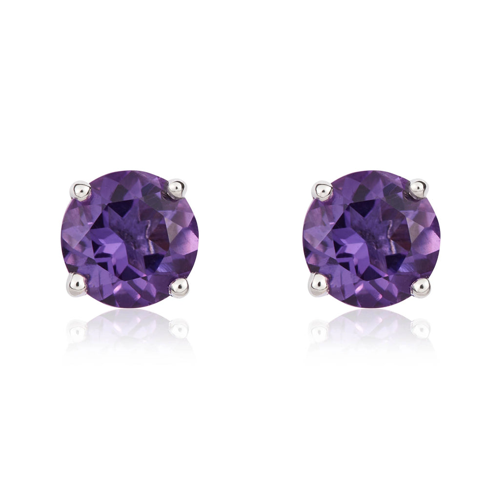 9ct White Gold Amethyst 5mm Round Claw Set Stud Earrings - Gold