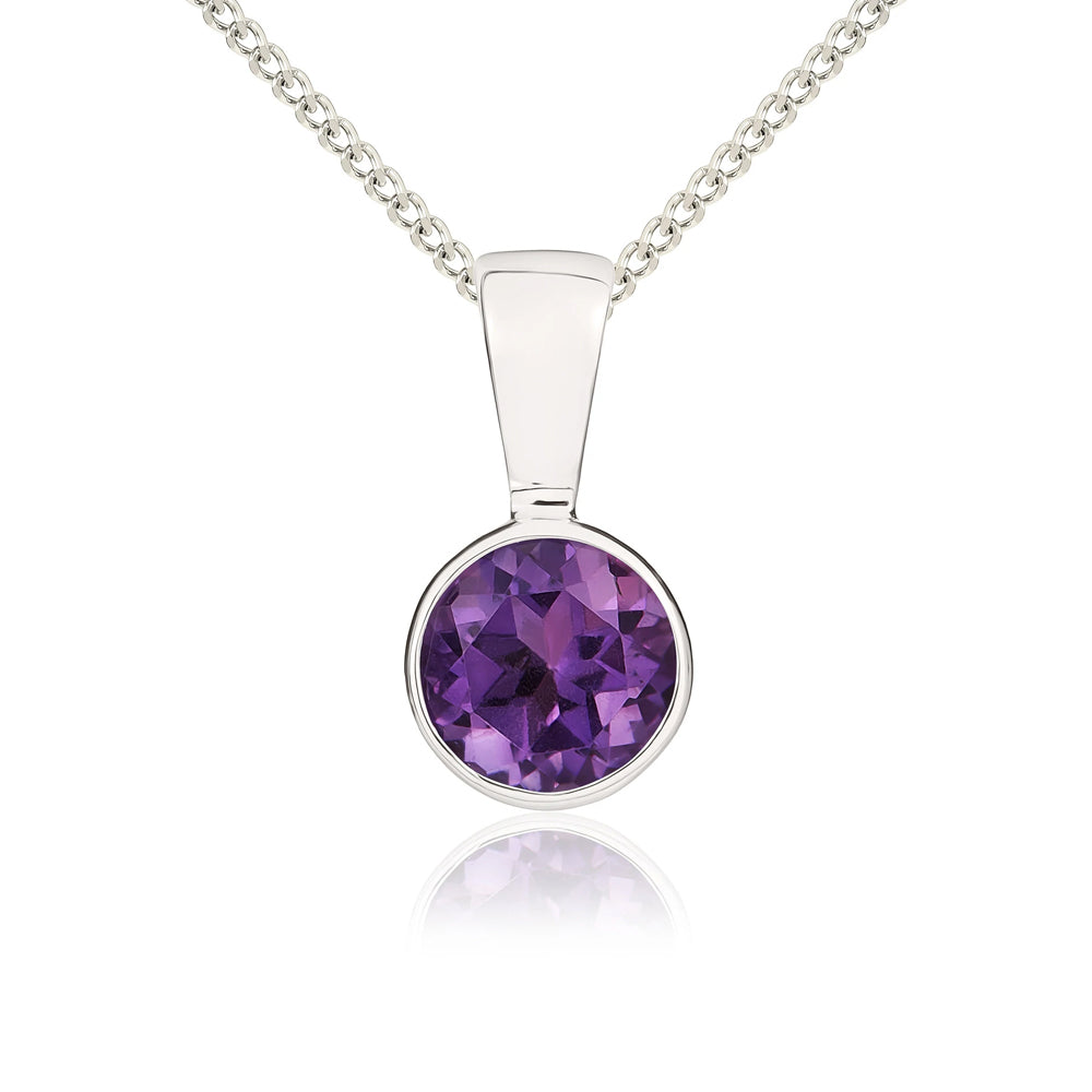 9ct White Gold Amethyst 5mm Round Rub Over Set Necklace - Gold