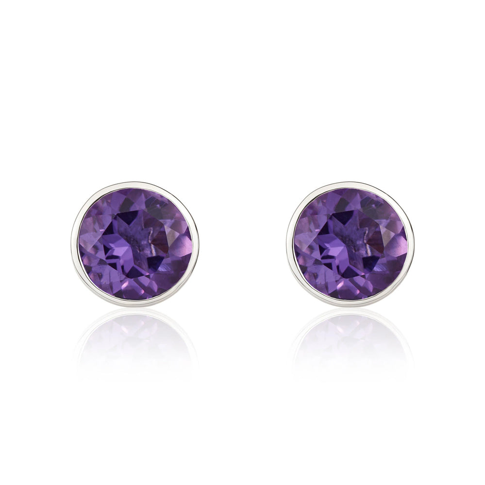 9ct White Gold Amethyst 5mm Round Rub Over Set Stud Earrings - Gold