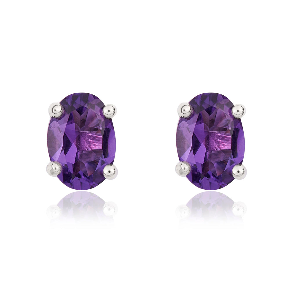 9ct White Gold Amethyst 7x5mm Oval Claw Set Stud Earrings - Gold