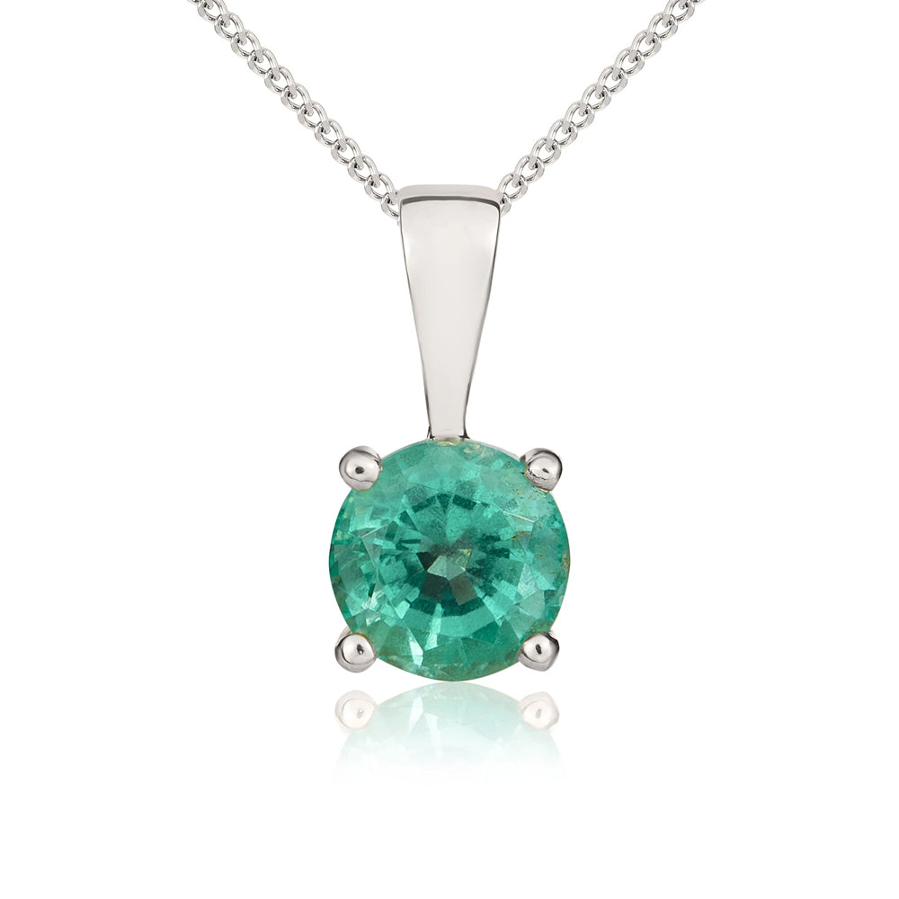 9ct White Gold Emerald 5mm Round Claw Set Necklace - Gold