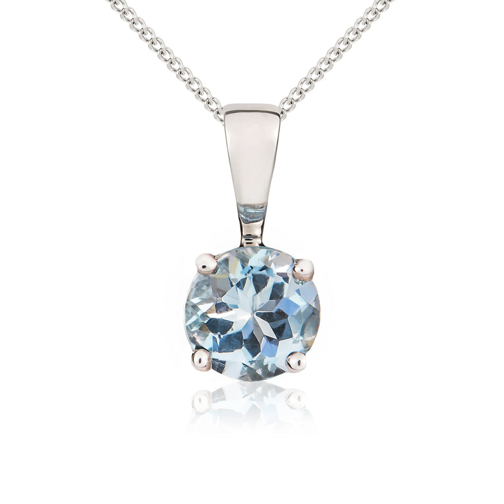 9ct White Gold Aquamarine 5mm Round Claw Set Necklace - Gold