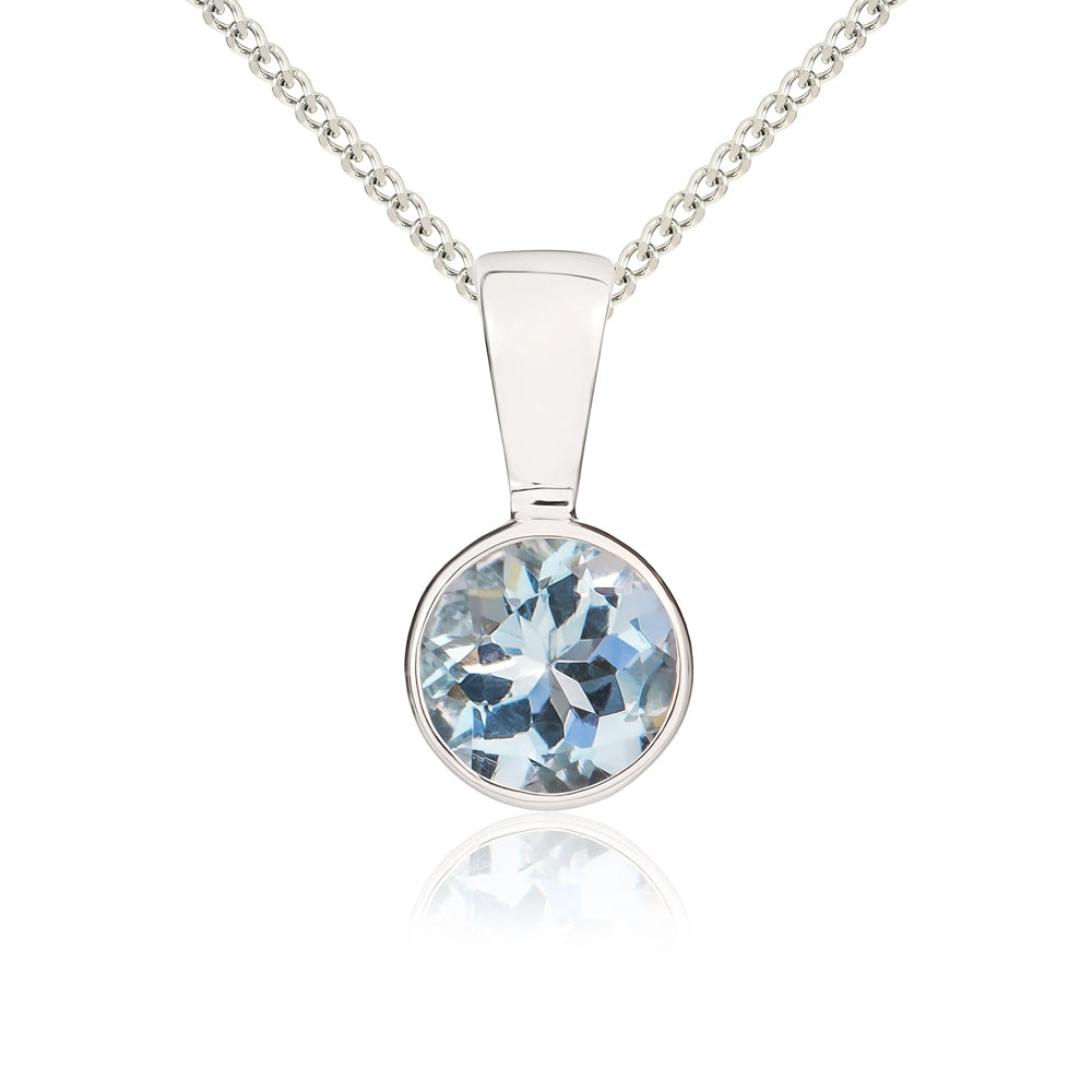 9ct White Gold Aquamarine 5mm Round Rub Over Set Necklace - Gold