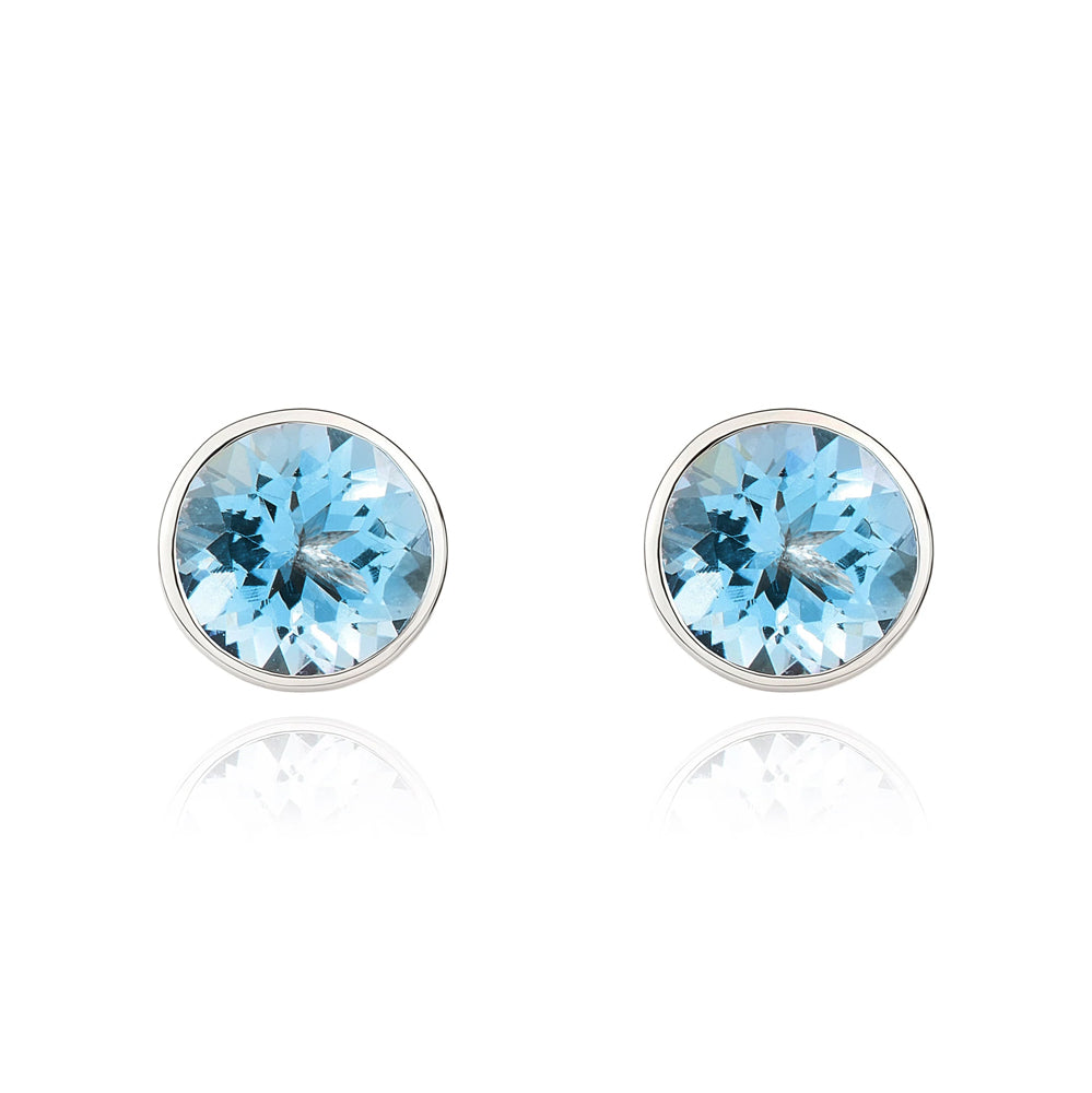9ct White Gold Aquamarine 5mm Round Rub Over Set Stud Earrings - Gold