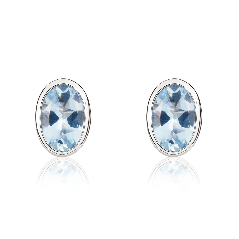 9ct White Gold Aquamarine 6x4mm Oval Rub Over Set Stud Earrings - Gold