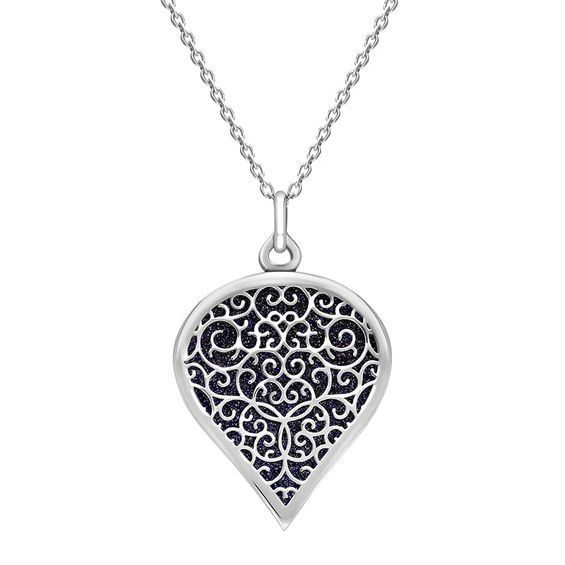 9ct White Gold Blue Goldstone Flore Filigree Large Heart Necklace