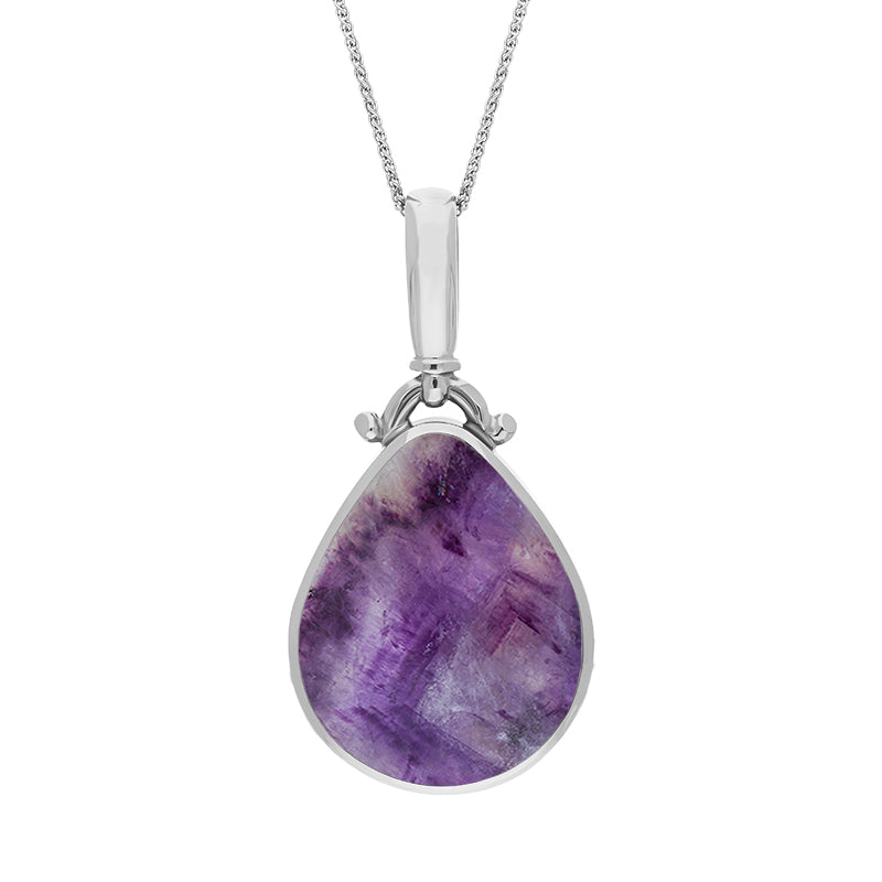 9ct White Gold Blue John Mother of Pearl Double Sided Pear Fob Necklace - White Gold