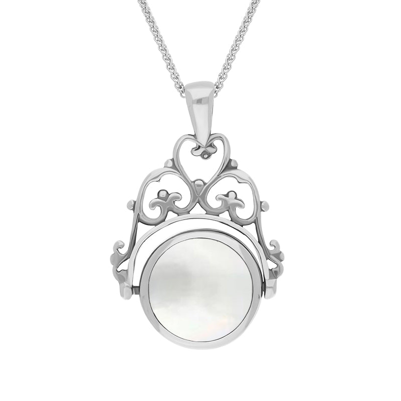 9ct White Gold Blue John Mother Of Pearl Double Sided Round Swivel Fob Necklace - White Gold