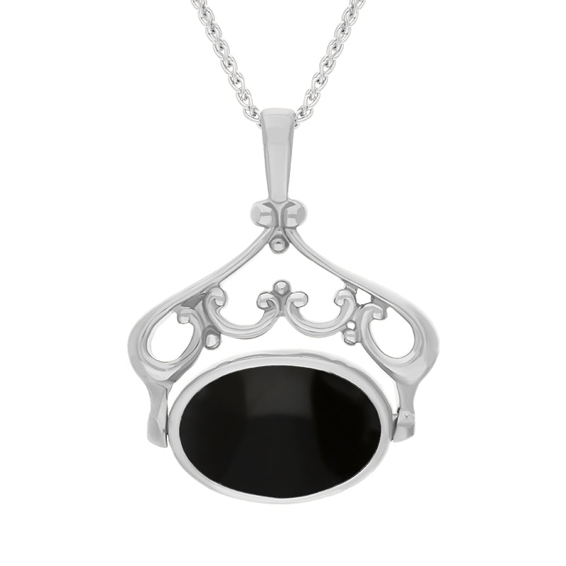9ct White Gold Blue John Whitby Jet Double Sided Oval Swivel Fob Necklace - White Gold