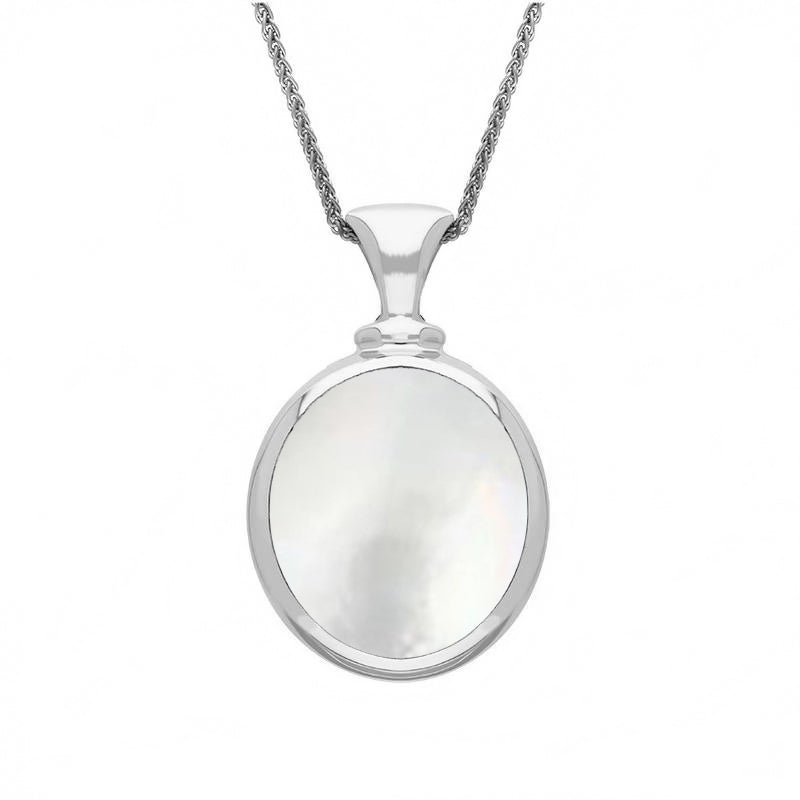 9ct White Gold Blue John White Mother Of Pearl Small Double Sided Oval Fob Necklace - White Gold