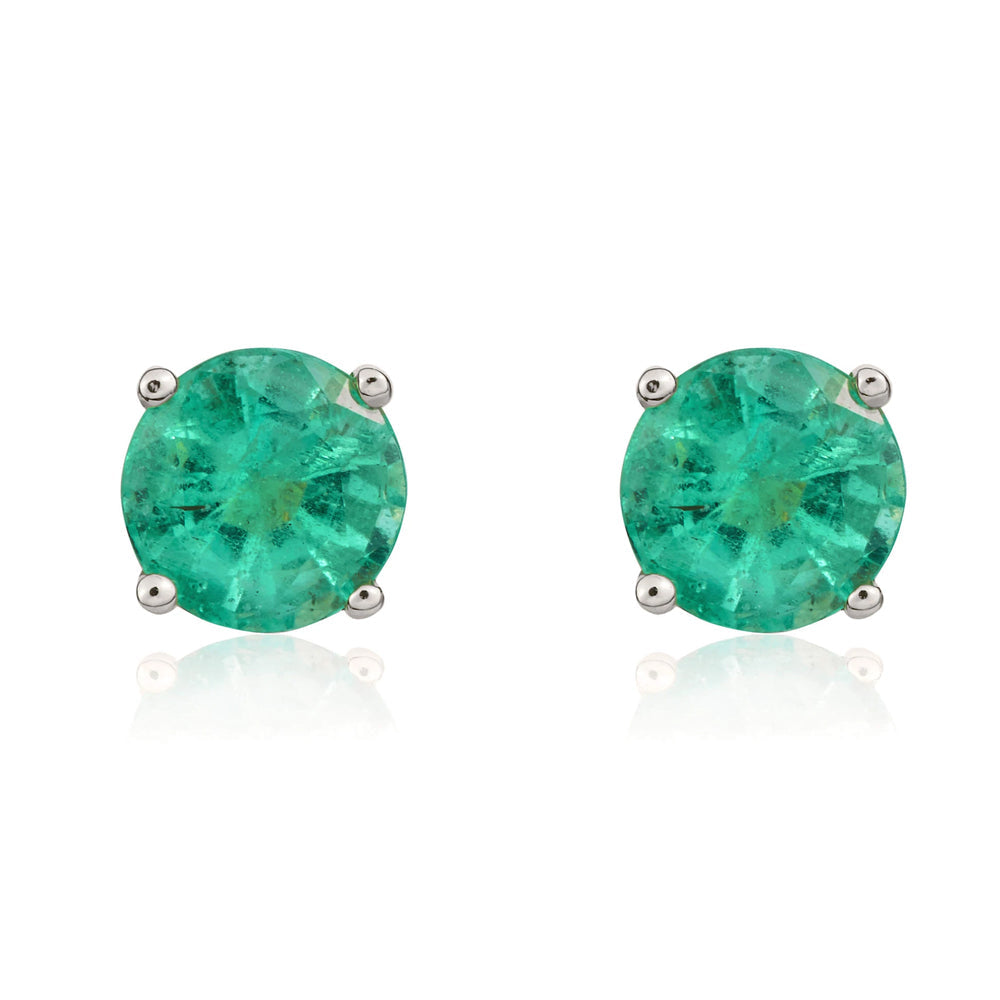 9ct White Gold Emerald 5mm Round Claw Set Stud Earrings - Gold