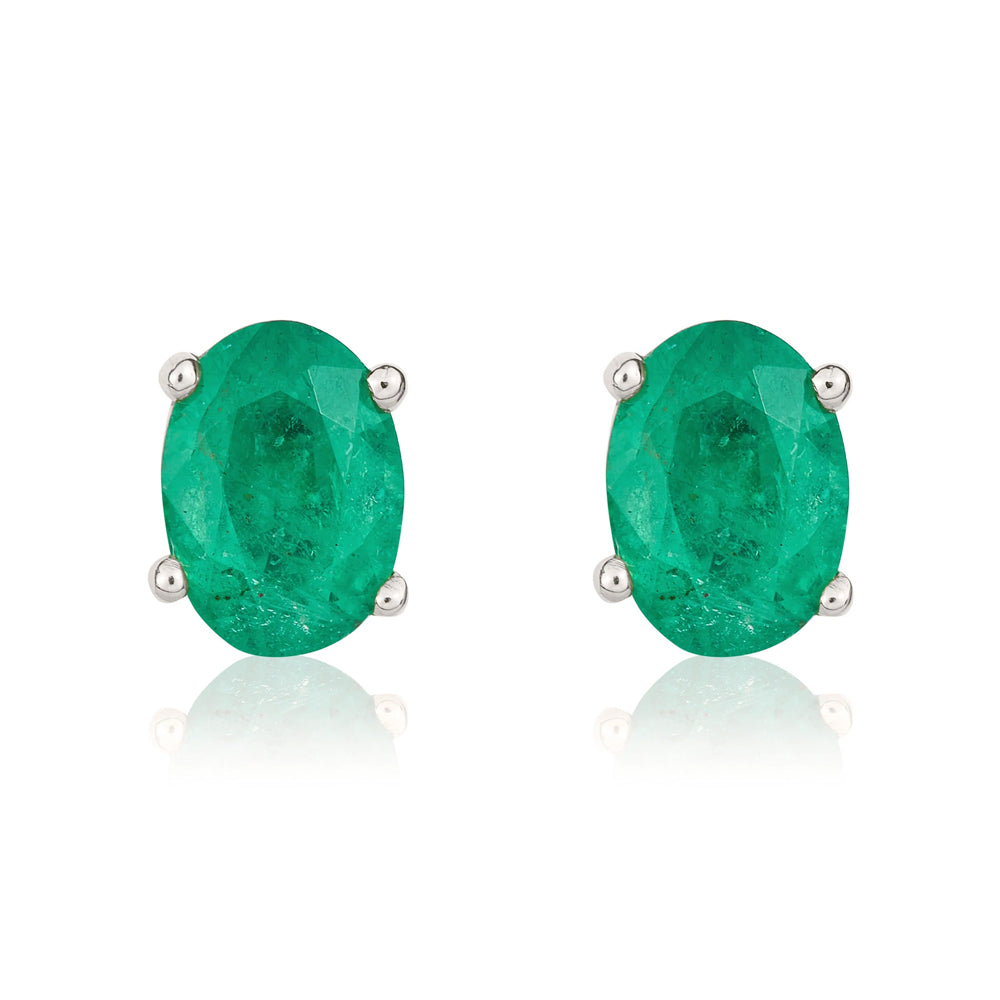 9ct White Gold Emerald 7x5mm Oval Claw Set Stud Earrings - Gold