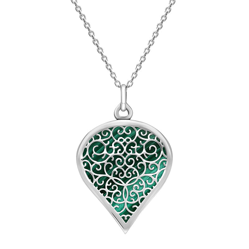 9ct White Gold Malachite Flore Filigree Large Heart Necklace