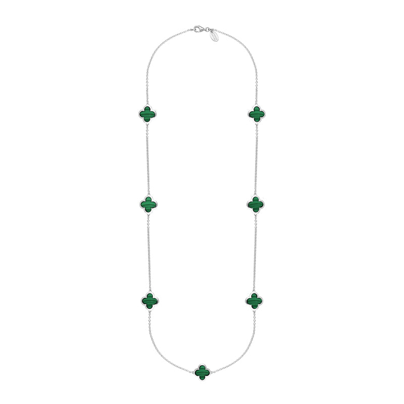 9ct White Gold Malachite Bloom Four Leaf Clover Long Necklace