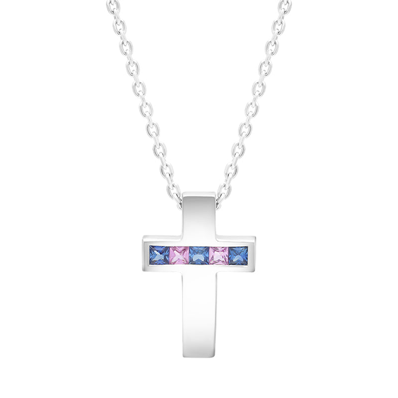 9ct White Gold Pink Blue Sapphire Cross Pendant Necklace D - Gold
