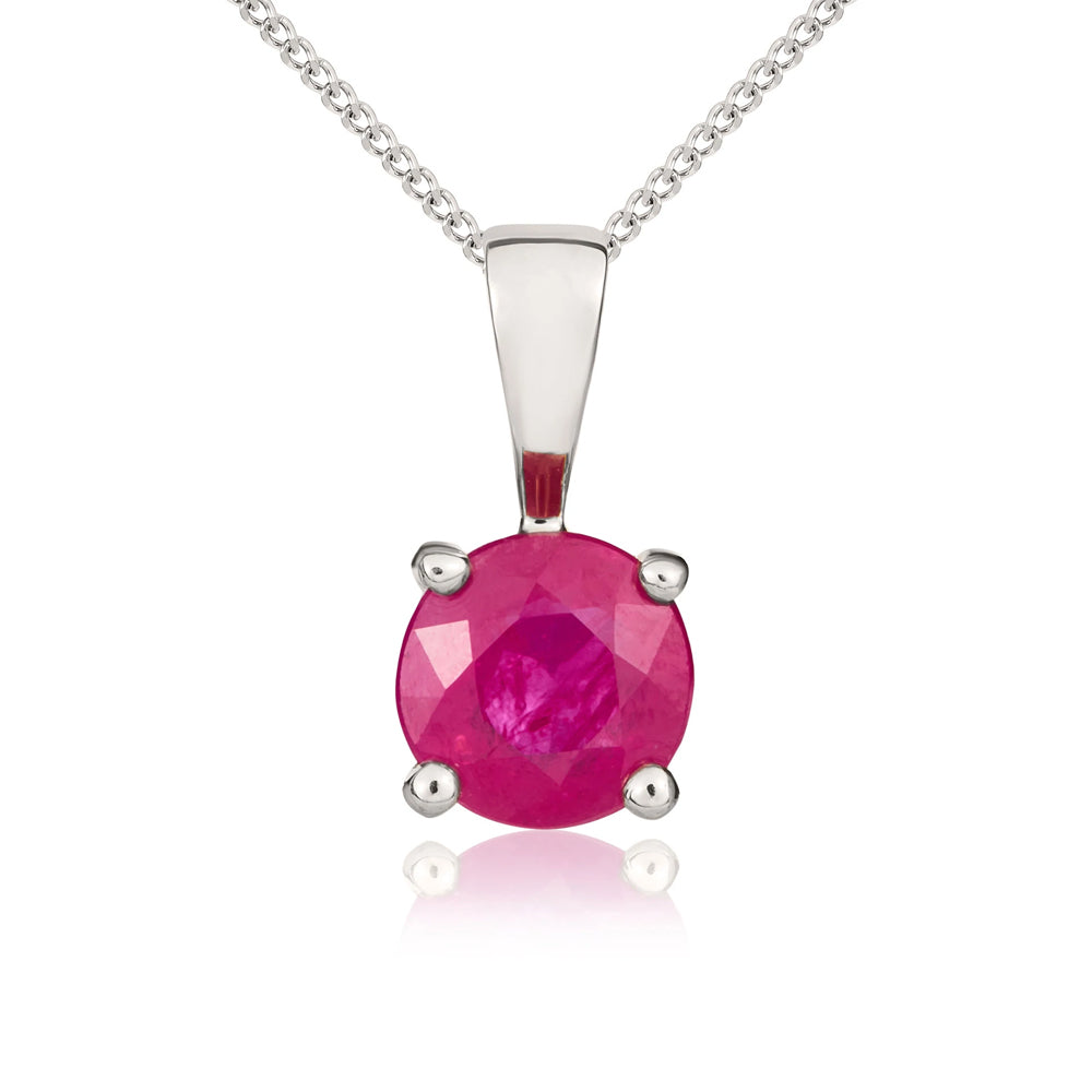9ct White Gold Ruby 5mm Round Claw Set Necklace - Gold