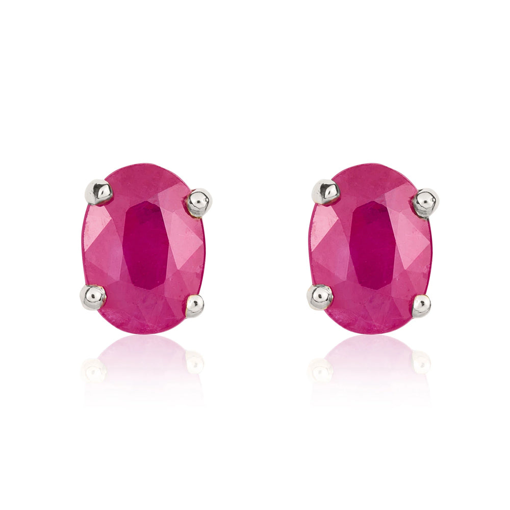 9ct White Gold Ruby 7x5mm Oval Claw Set Stud Earrings - Gold