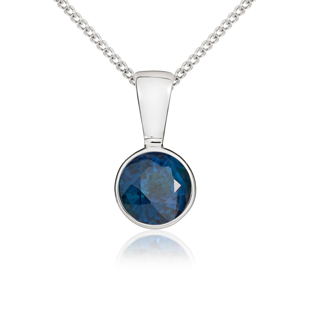 9ct White Gold Sapphire 5mm Round Rub Over Set Necklace - Gold