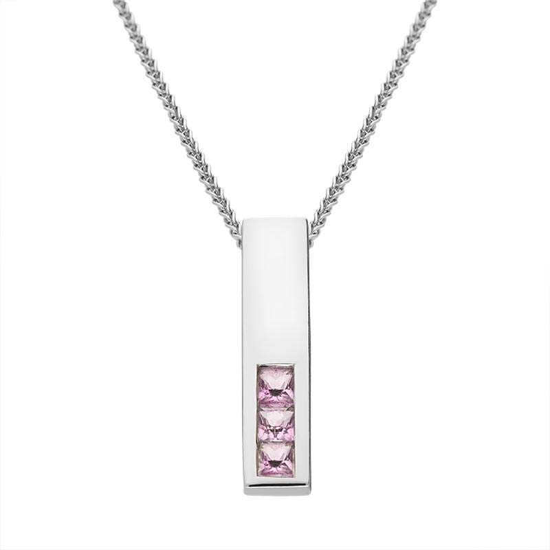 9ct White Gold Three Stone Princess Cut Pink Sapphire Necklace D - White Gold