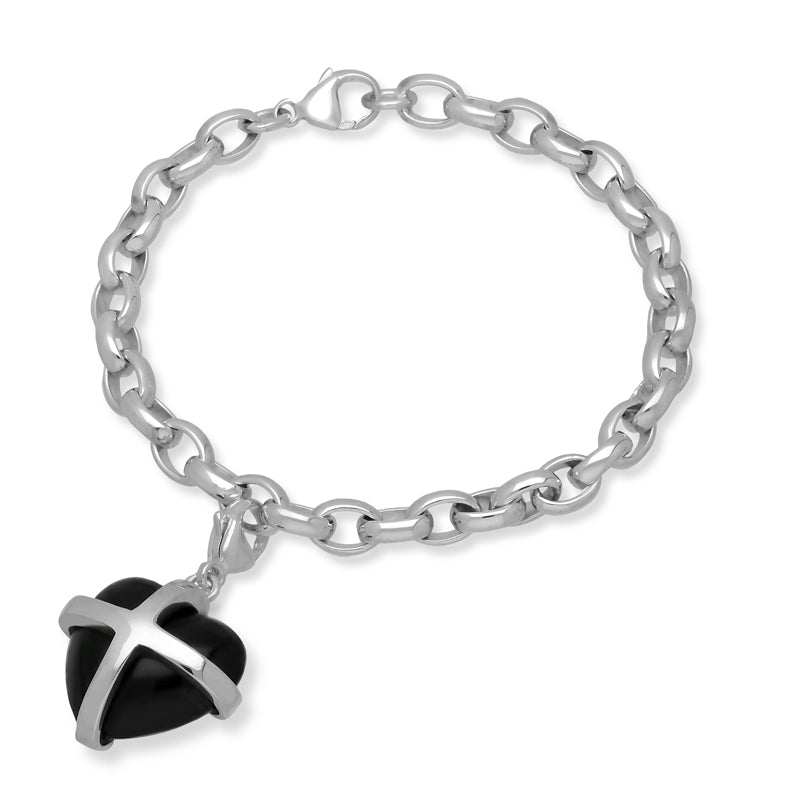 9ct White Gold Whitby Jet Large Cross Heart Charm Bracelet - Option1 Value Gold