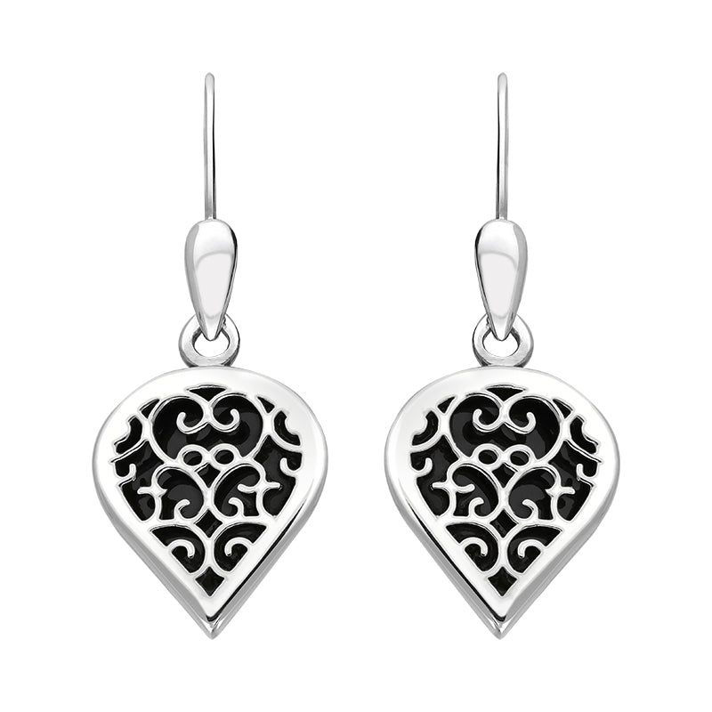 9ct White Gold Whitby Jet Flore Filigree Heart Drop Earrings