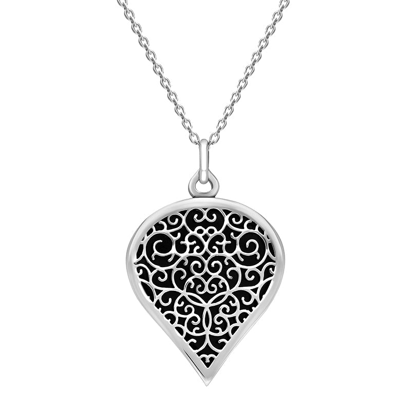 9ct White Gold Whitby Jet Flore Filigree Large Heart Necklace