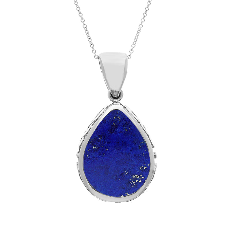 9ct White Gold Whitby Jet Lapis Lazuli Double Sided Celtic Pear Cut Fob Necklace - White Gold