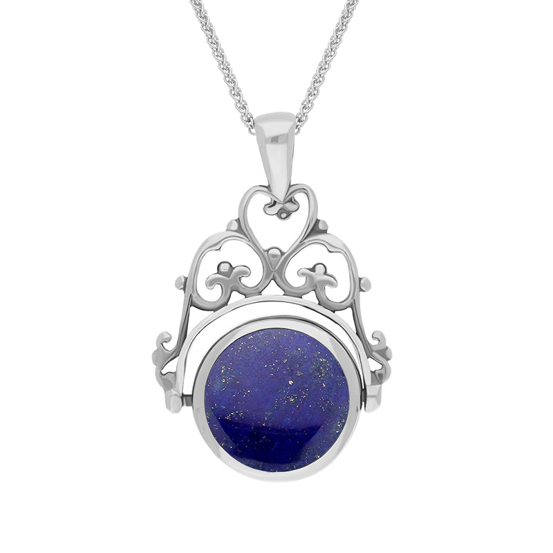 9ct White Gold Whitby Jet Lapis Lazuli Double Sided Round Swivel Fob Necklace - White Gold