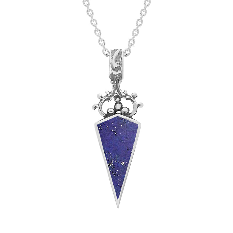 9ct White Gold Whitby Jet Lapis Lazuli Double Sided Scroll Dagger Fob Necklace - White Gold
