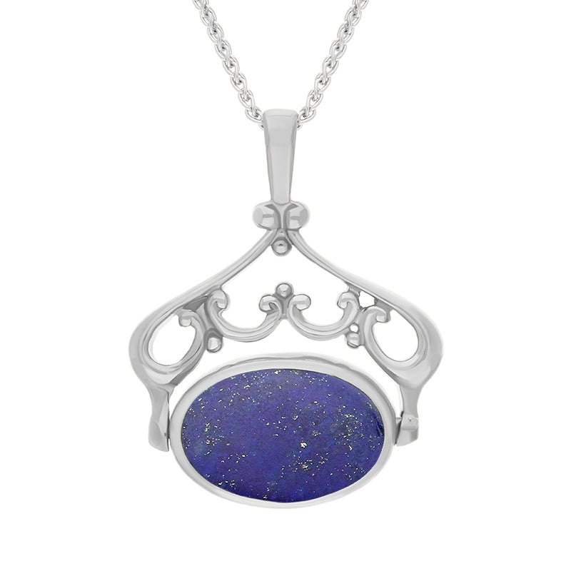 9ct White Gold Whitby Jet Lapis Lazuli Double Sided Oval Swivel Fob Necklace - White Gold