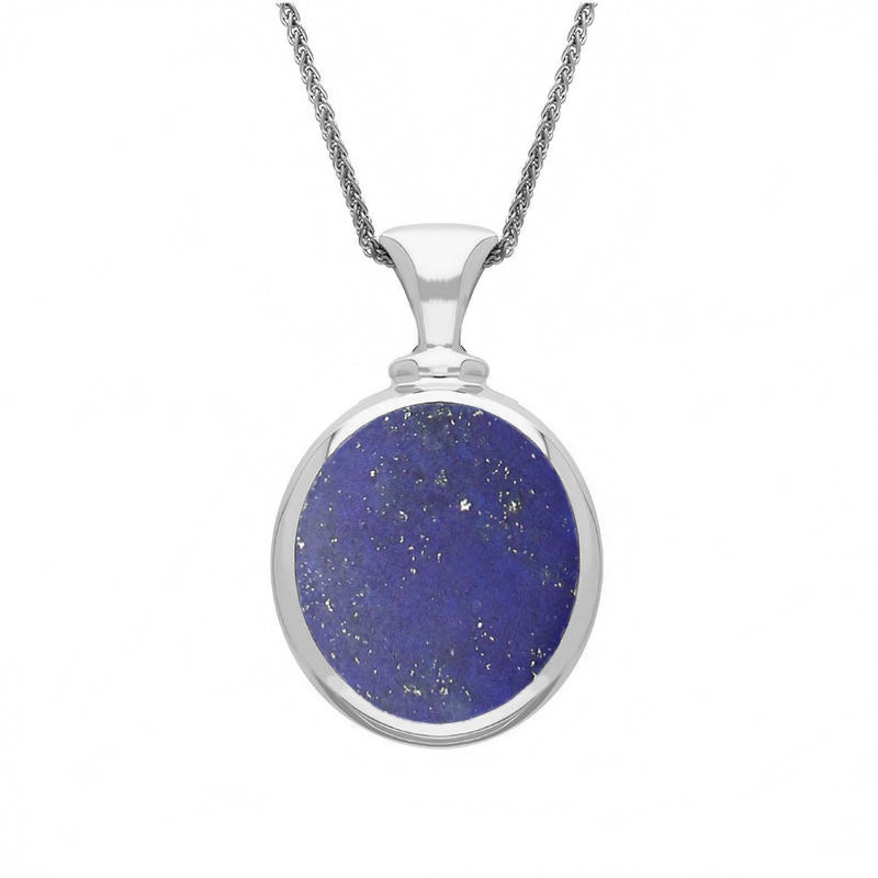 9ct White Gold Whitby Jet Lapis Lazuli Small Double Sided Oval Fob Necklace - White Gold