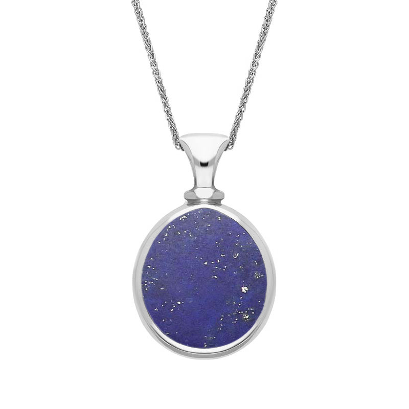 9ct White Gold Whitby Jet Lapis Lazuli Small Double Sided Pear Fob Necklace