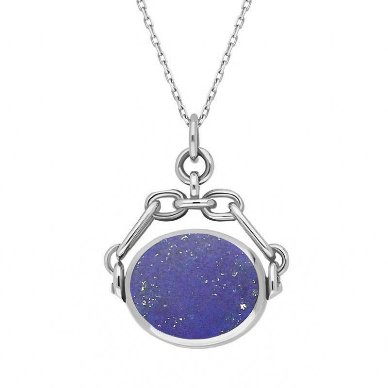 9ct White Gold Whitby Jet Lapis Lazuli Double Sided Swivel Fob Necklace - White Gold