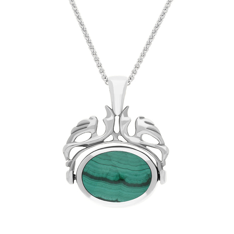 9ct White Gold Whitby Jet Malachite Double Sided Oval Swivel Fob Necklace - White Gold