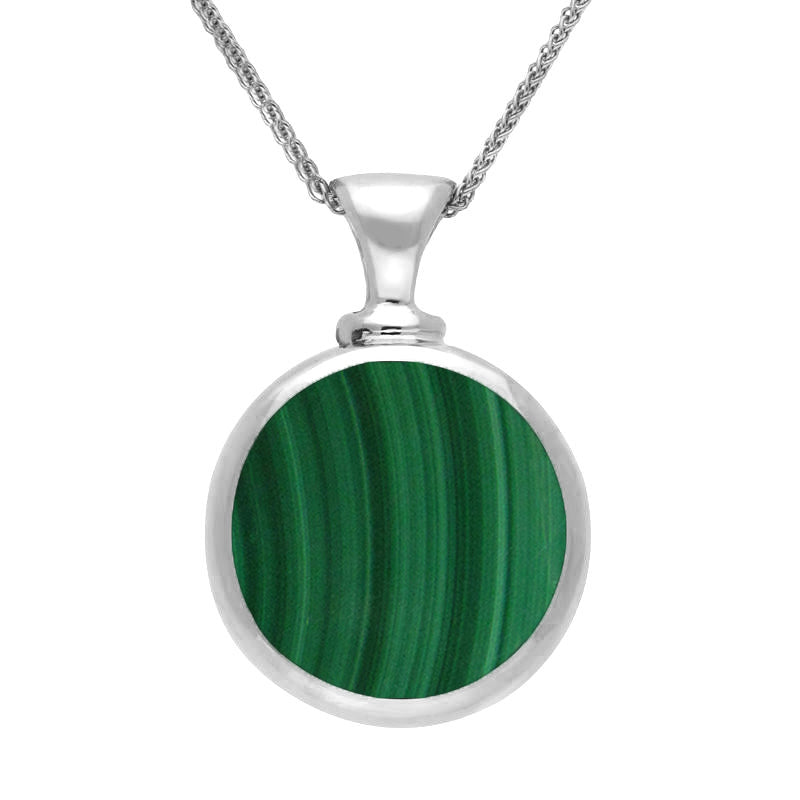 9ct White Gold Whitby Jet Malachite Double Sided Round Dinky Fob Necklace - White Gold