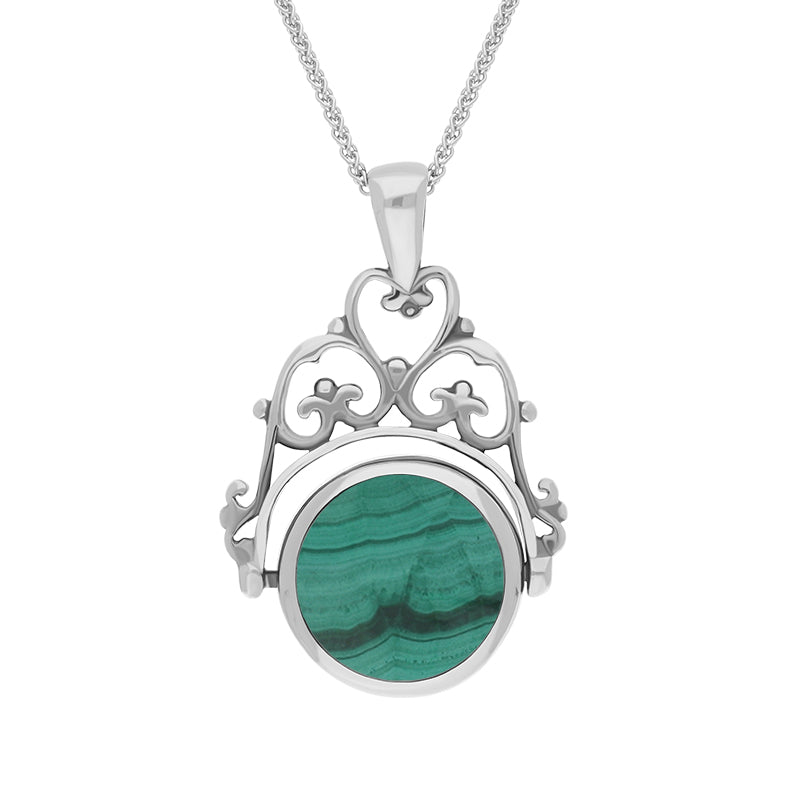 9ct White Gold Whitby Jet Malachite Double Sided Round Swivel Fob Necklace - White Gold