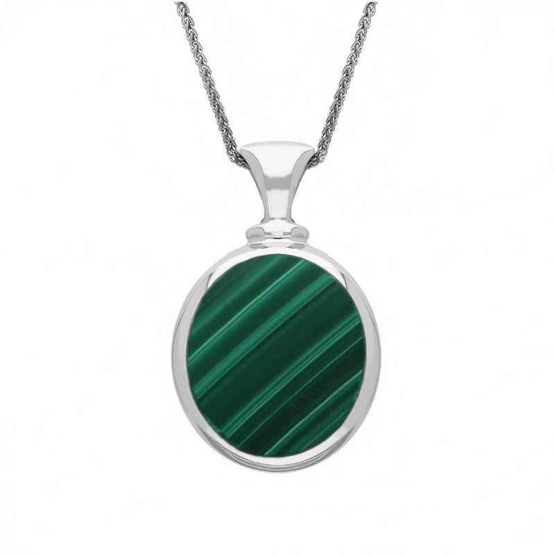 9ct White Gold Whitby Jet Malachite Small Double Sided Oval Fob Necklace - White Gold