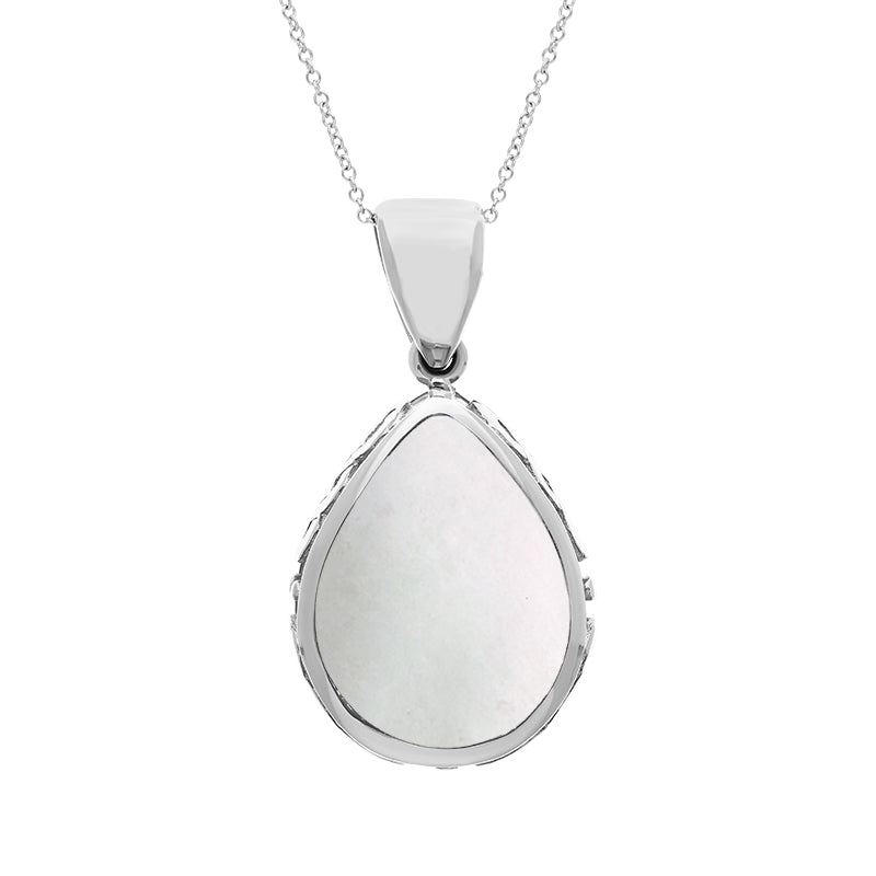 9ct White Gold Whitby Jet Mother Of Pearl Double Sided Celtic Pear Cut Fob Necklace - White Gold
