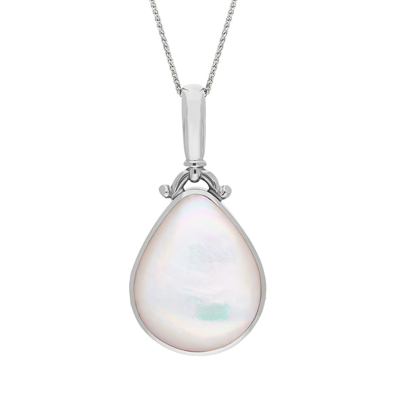 9ct White Gold Whitby Jet Mother of Pearl Double Sided Pear Fob Necklace - White Gold