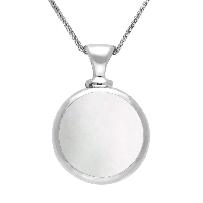 9ct White Gold Whitby Jet Mother Of Pearl Double Sided Round Dinky Fob Necklace - White Gold