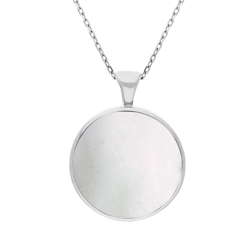 9ct White Gold Whitby Jet Mother Of Pearl Large Double Sided Round Fob Necklace - White Gold