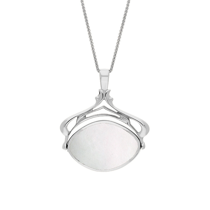 9ct White Gold Whitby Jet Mother Of Pearl Marquise Swivel Fob Necklace - Gold
