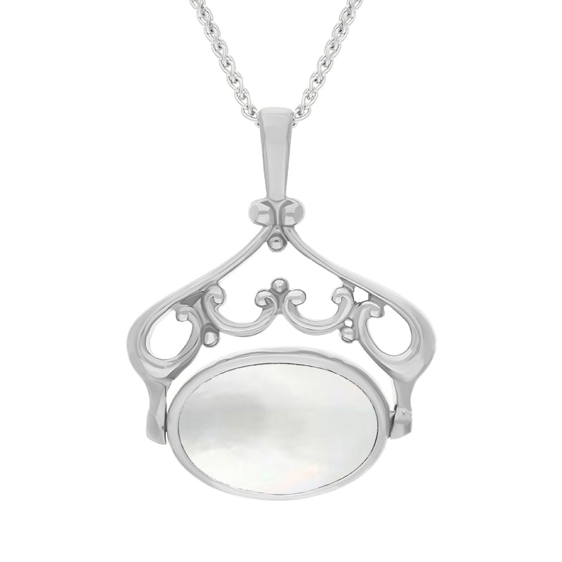 9ct White Gold Whitby Jet Mother Of Pearl Double Sided Oval Swivel Fob Necklace - White Gold