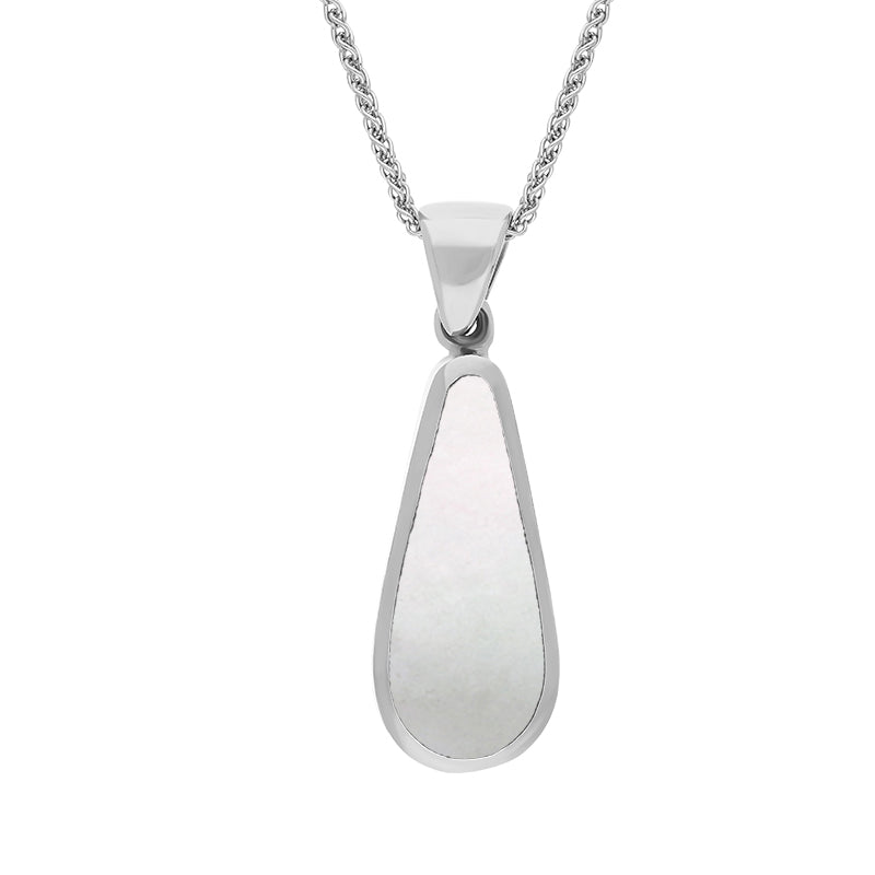 9ct White Gold Whitby Jet Mother Of Pearl Small Double Sided Pear Cut Fob Necklace - White Gold